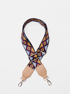 Fantasia Handbag Strap - Blue Geometric (with beige leather tab)